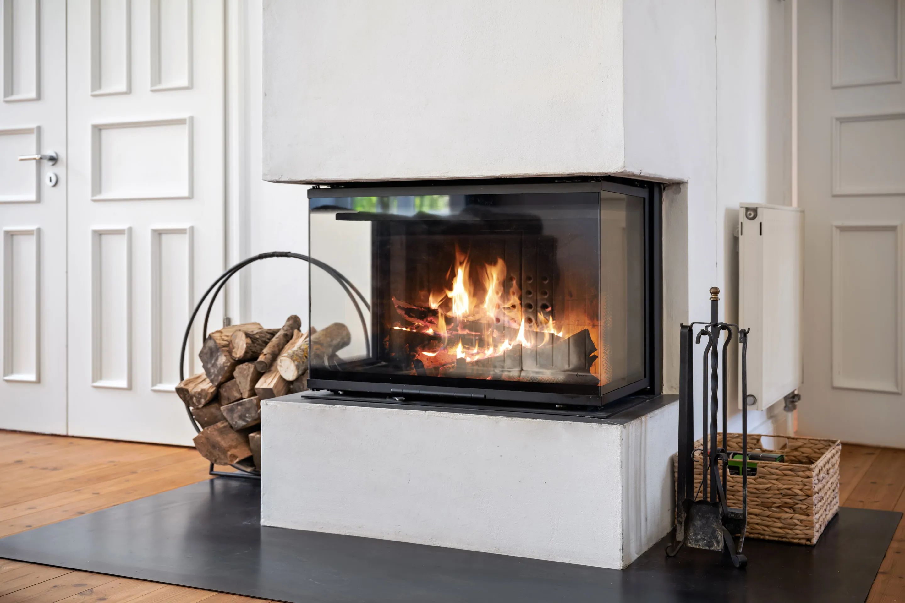 Open fireplace with a burning fire
