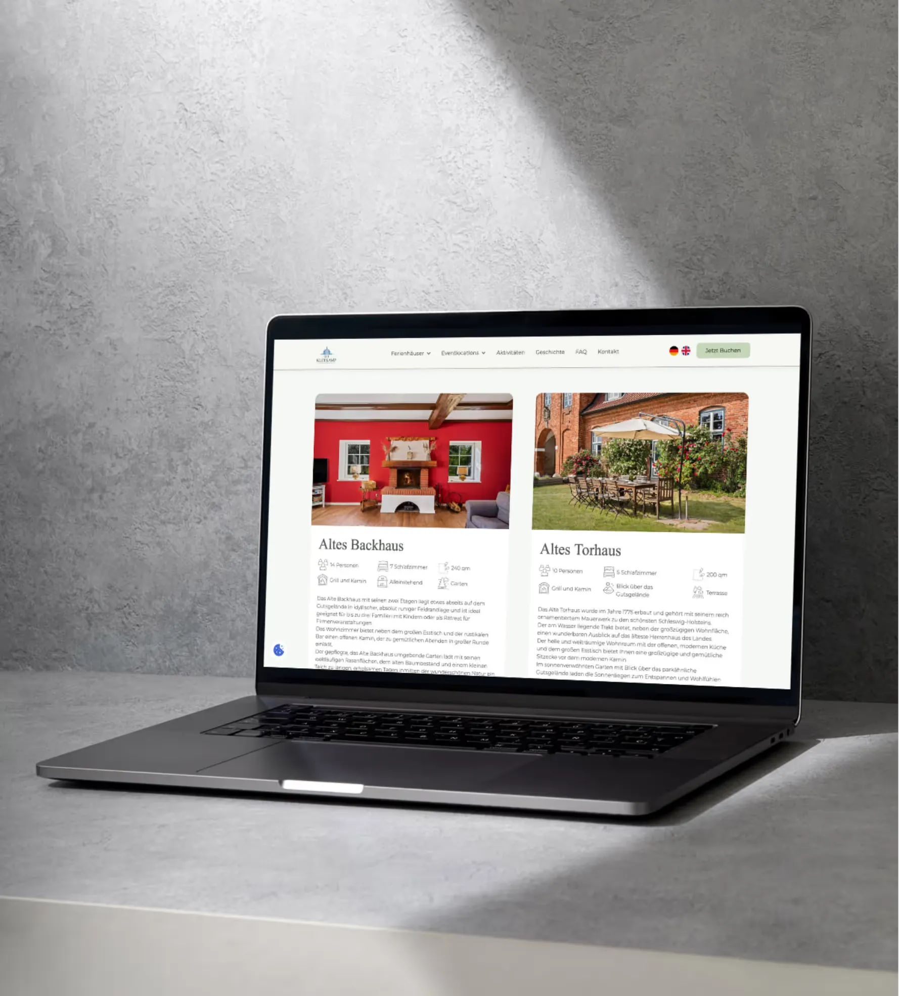 Website mit Immobilienfotografie von Ferienwohnungen