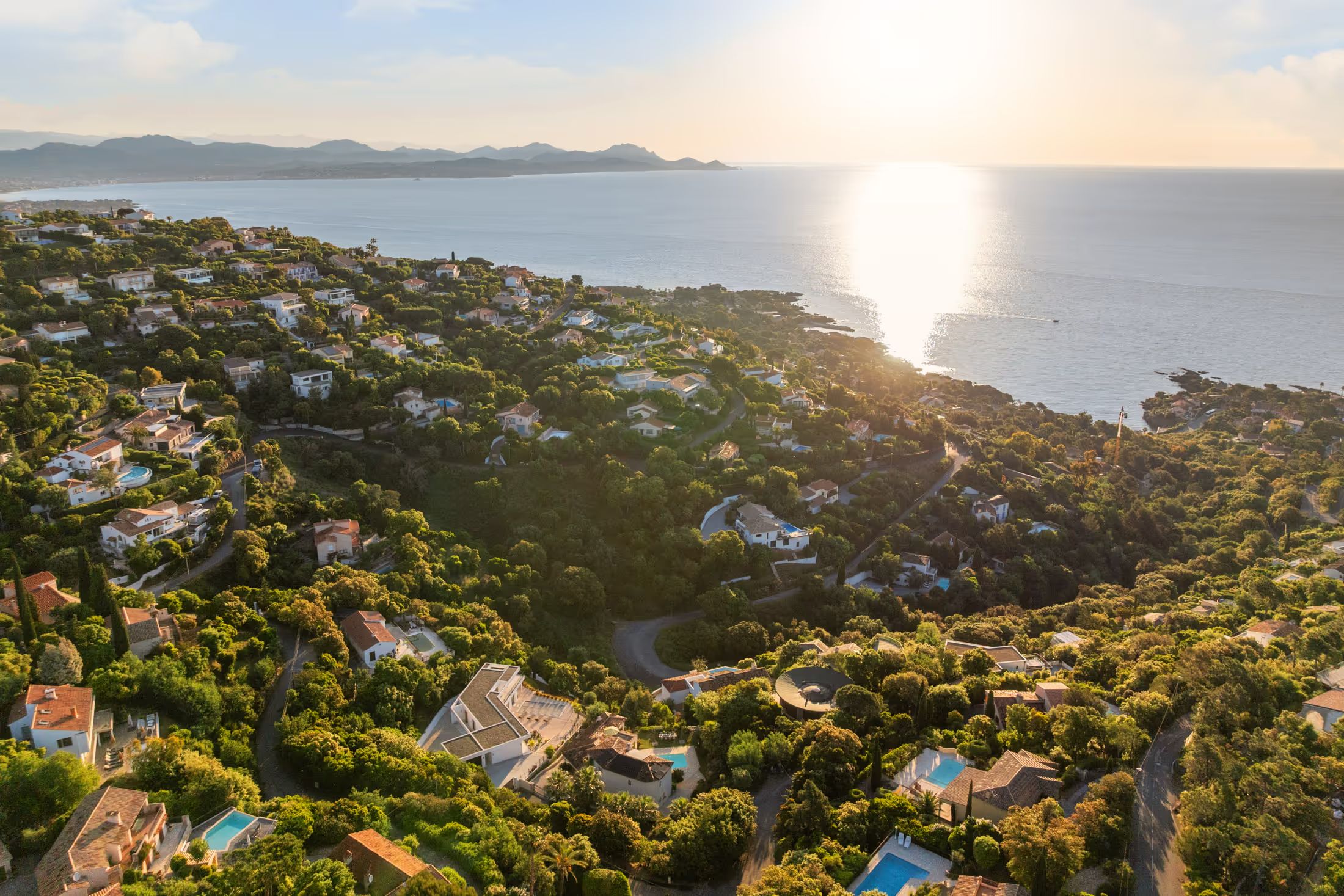 Aerial view of the coast at sunset
