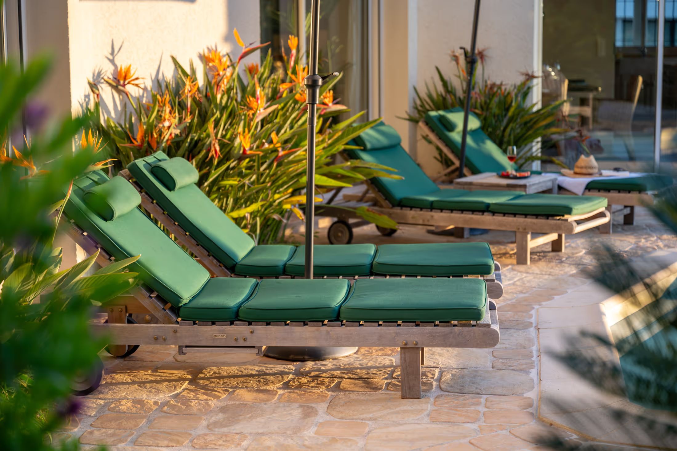 Row of green sun loungers on the terrace