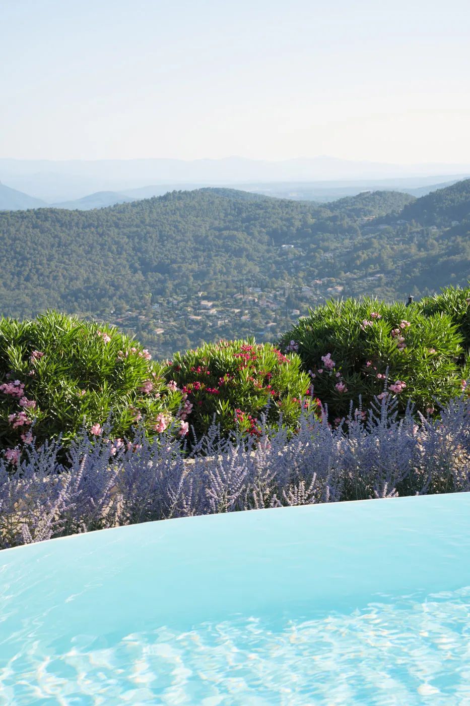 Poolside with flowering shrubs and a hilly landscape