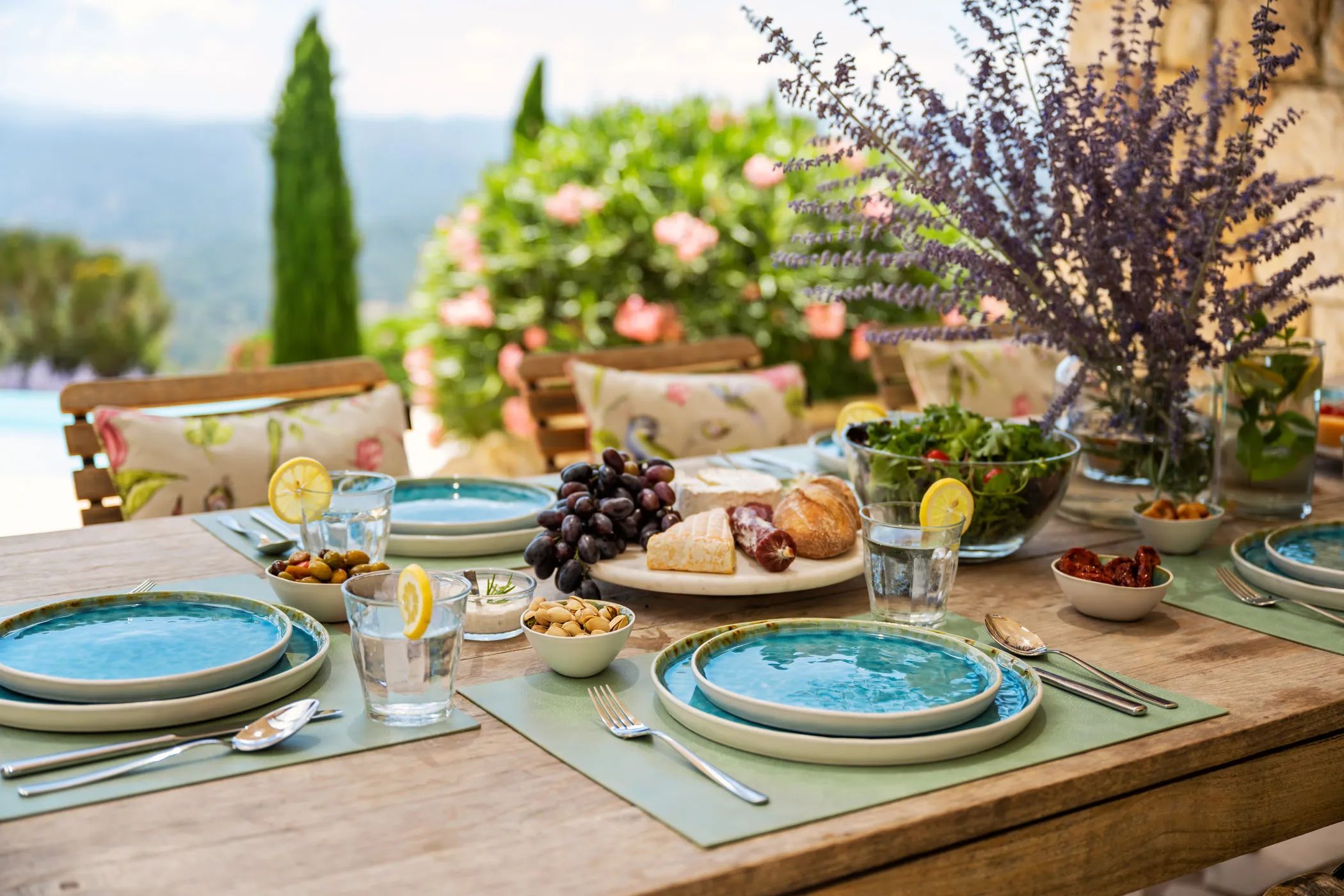 Set terrace table with cheese, grapes, and salad