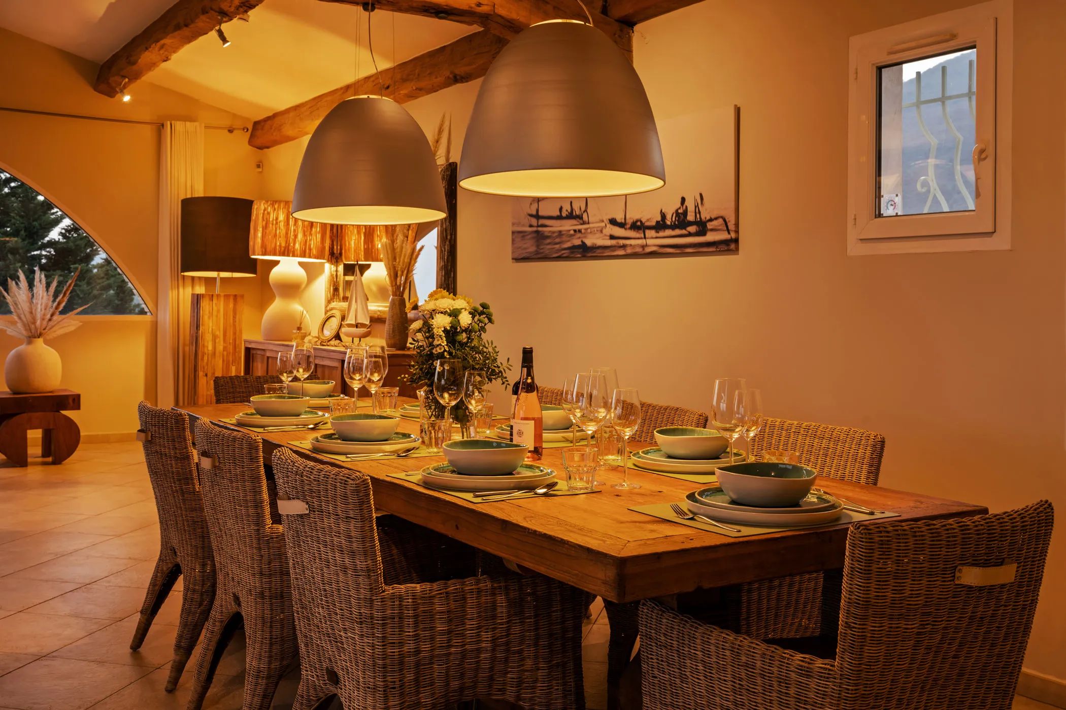 Set dining table indoors in evening light