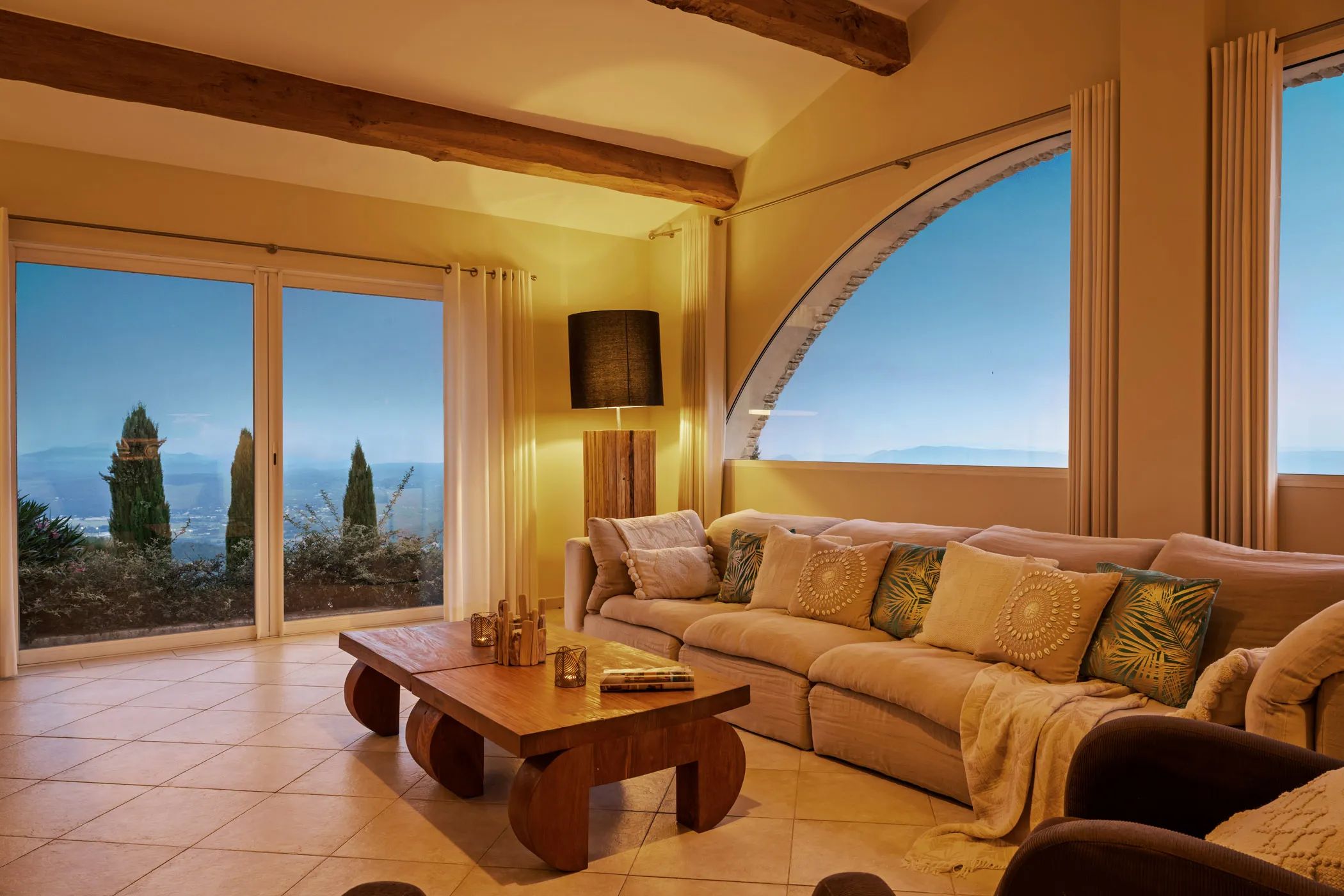 Living room with sofa in warm evening light