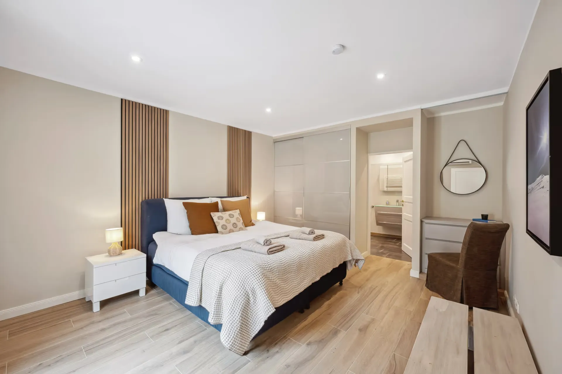 Bedroom with a view into the bathroom